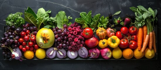 A diverse selection of colorful fruits and vegetables displayed on a table. - obrazy, fototapety, plakaty