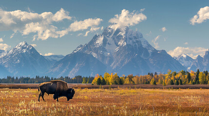 Lone Bison Grazing With Grand Tetons Backdrop