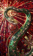 A glittering, mosaic snake sculpture against a vibrant, illuminated backdrop
