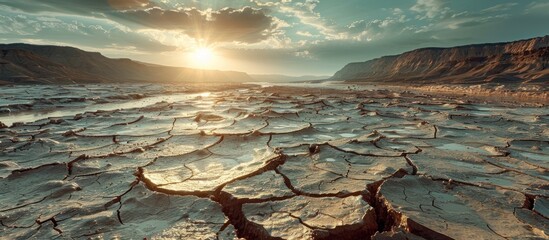 The sun is seen setting over a cracked lake in a barren landscape. - obrazy, fototapety, plakaty