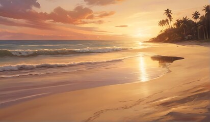 Fototapeta na wymiar Create a digital artwork highlighting the grainy texture of a sandy beach at sunset, with warm tones