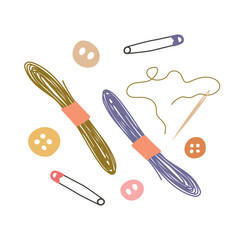 Set of sewing, embroidery. Threads, needle, buttons, pins. Isolated vector elements for your design