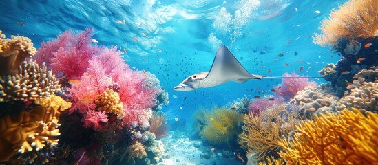 A manta ray gracefully glides over a vibrant coral reef in the ocean depths. - obrazy, fototapety, plakaty
