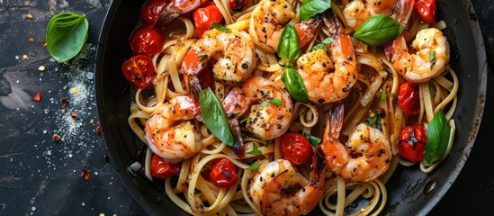 A skillet filled with delicious pasta and shrimp, topped with fresh basil and cherry tomatoes. - Powered by Adobe