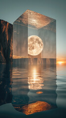 full moon in a cubicle above the ocean, futuristic vision