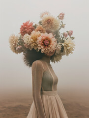 woman with bouquet of flowers on her head in a foggy desert scene, futuristic romance