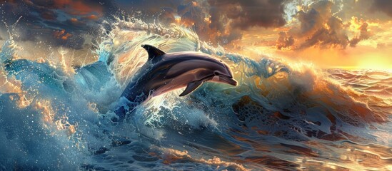 A painting depicting a dolphin gracefully leaping out of the water, captured in mid-air with splashing waves below.