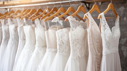 Elegant white bridal gowns on hangers in luxury wedding boutique for brides to be