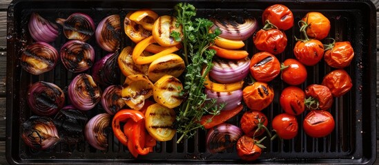 Various types of vegetables cooking on a grill, including bell peppers, zucchini, corn, and mushrooms, creating a colorful and flavorful meal. - obrazy, fototapety, plakaty
