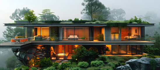 Modern rectangular detached house with a large backyard in a forested area
