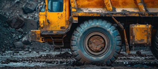 A yellow dump truck navigates through a coal mine, carrying materials for operations.