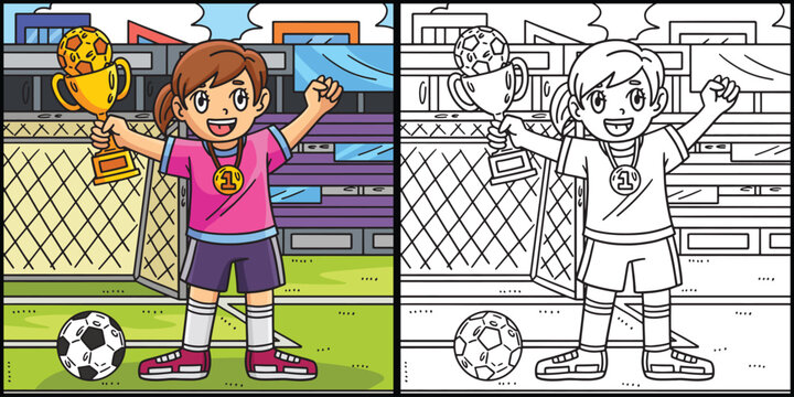 Girl with Soccer Trophy and Medal Illustration