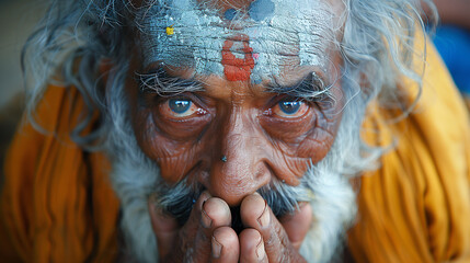 Close-up portrait of an elderly man with painted forehead and intense gaze, hands clasped in prayer or thought.