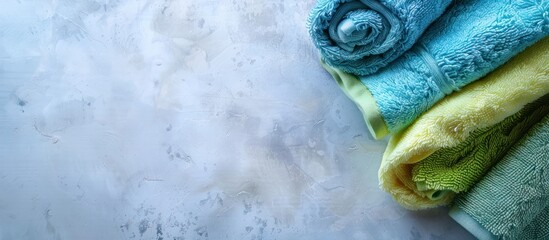 A stack of blue and green handled towels neatly arranged on a white counter.