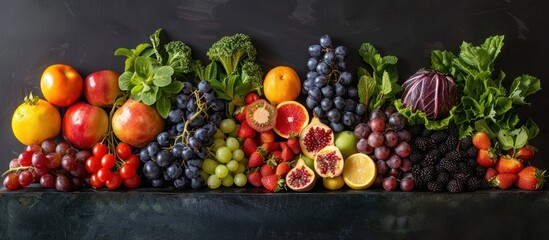 A variety of fresh fruits and vegetables arranged in a colorful and vibrant display.
