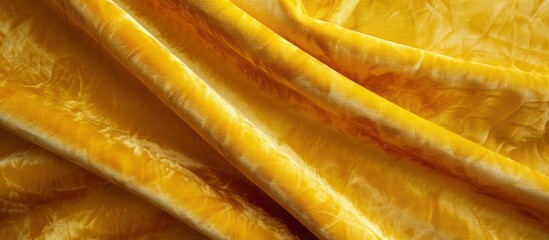 Detailed close-up view of a vibrant yellow velvet fabric, showcasing its texture and color...