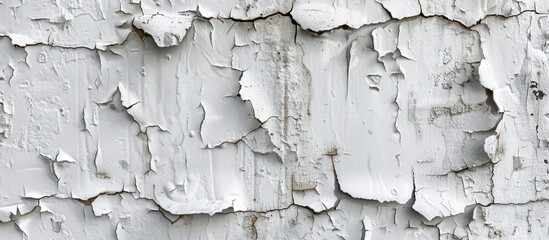 white peeling paint on a wall, showcasing the texture and patterns created by the decay and weathering of the surface.