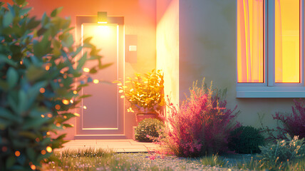 Modern house doors and terraces. The bokeh color scheme covers the background