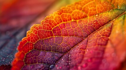 Fototapeta premium Close-up Leaves: A photo featuring the vibrant colors of a leaf, with reds, oranges, and yellows