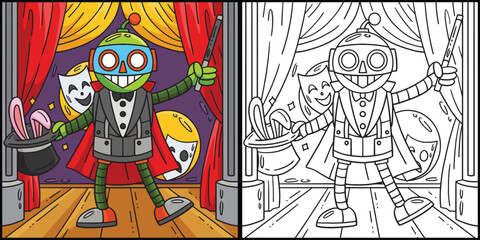 Robot Magician Coloring Page Colored Illustration
