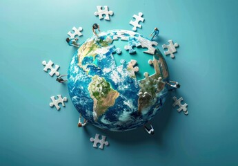 Fototapeta premium Abstract 3D Concept of Puzzle Pieces Surrounding World on Blue Background Global Connection and Unity in Motion Concept