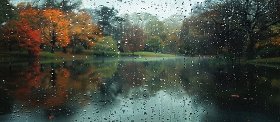 A view of a serene lake seen through a rain-splattered window, showcasing tranquil water ripples and lush green foliage.