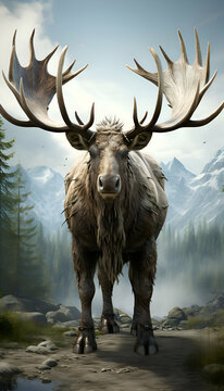 Moose in the mountains with big antlers. 3d render