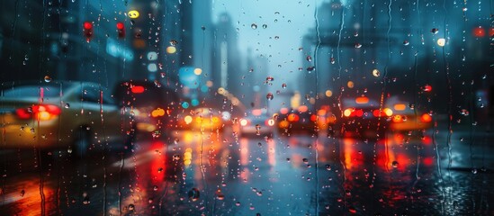 A rainy city street filled with cars and buses moving slowly in traffic, blurred by the falling rain. Pedestrians with umbrellas hurry along the wet sidewalks.