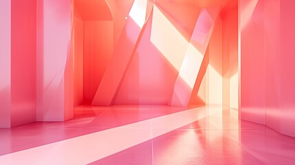 Harmonic Geometry: An Enchanting 3D Rendering of an Empty Room, Infused with Geometrical Charm and Bathed in Soft Coral Light, Embracing the Fusion of Modern Design and Tranquil Tones 