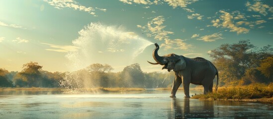 An elephant is using its trunk to spray water high into the air, creating a spectacular sight. - obrazy, fototapety, plakaty