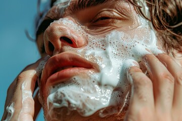 Closeup of a man shaving his face with foam face wash in bathroom morning routine concept