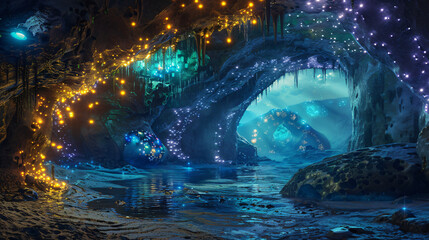 Magical fantasy cave with glowing lights