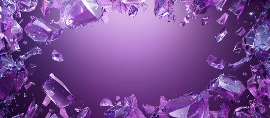 Numerous irregular glass fragments scattered on a purple background creating a shattered effect background texture. - obrazy, fototapety, plakaty