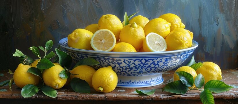 bowl filled with vibrant lemons placed on a wooden table. The lemons are the central focus, exuding freshness and color.
