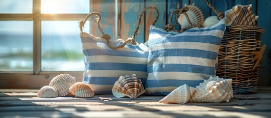 Various sea shells scattered on a wooden floor, creating a natural and beachy display.