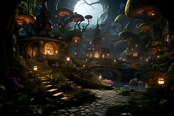 Fantasy landscape with fantasy castle. Fairy tale scene. 3d rendering