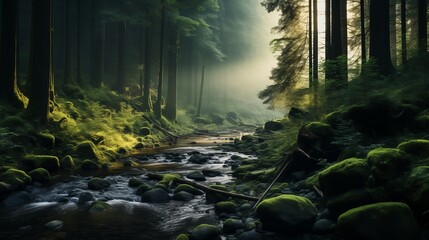 A serene forest clearing bathed in the soft light of dawn, a gentle stream meandering through the moss-covered rocks and ferns.