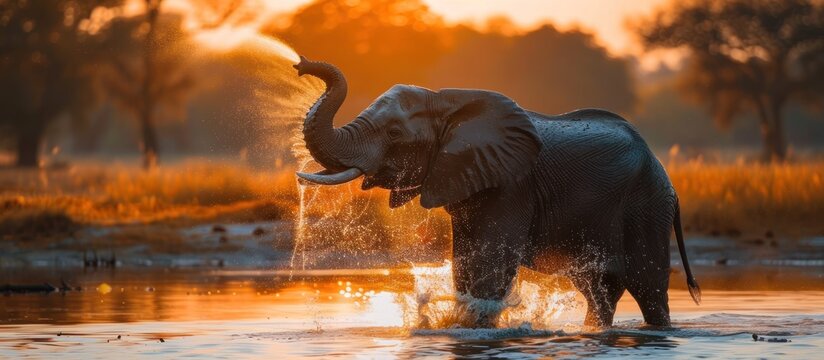 An elephant stands in a body of water, spraying water from its trunk.