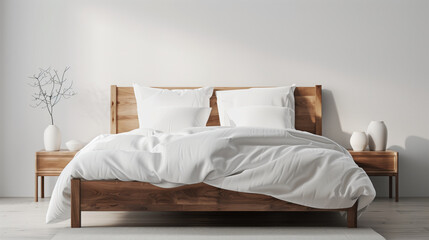 A white bed with a wooden headboard and a white comforter. bed is unmade and the room is very clean. a queen bed headframe, scandanavian design, front facing, minimalist aesthetic, white background