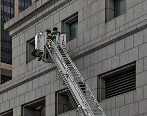 firefighters on a ladder against a building (unrecognizable, no face) FDNY new york fire fighters department on fire engine (emergency response agency) fireman