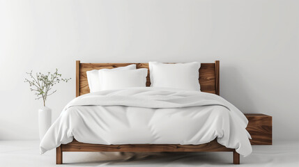A white bed with a wooden headboard and a white comforter. bed is unmade and the room is very clean. a queen bed headframe, scandanavian design, front facing, minimalist aesthetic, white background