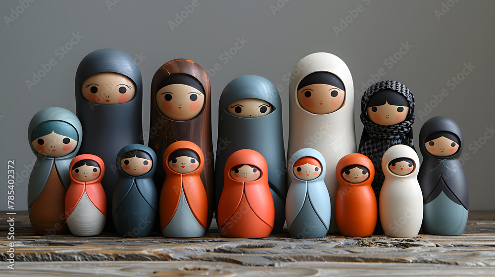 Wall mural Large arab family stacking dolls. Matryoshka doll. Women's rights.