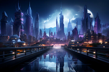 Futuristic city at night with skyscrapers and street lights