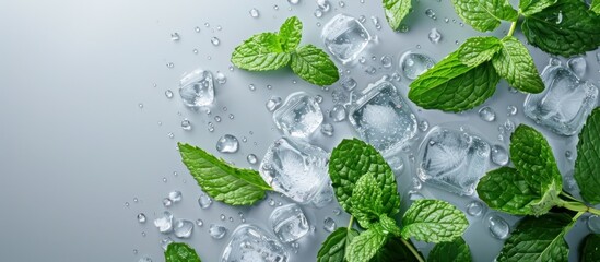Green mint leaves and melting ice cubes are placed on a gray surface.