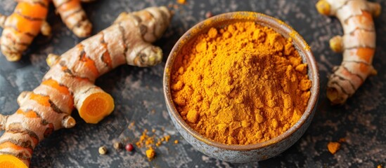 A cup of turmeric powder is placed next to some ginger root, showcasing ingredients for cooking or...