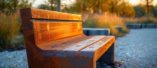 A wooden bench sits atop a gravel field, blending with the earthy ground beneath it. - obrazy, fototapety, plakaty