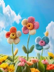 Vibrant crocheted flowers blooming in a field under the clear blue sky, capturing the essence of nature's beauty