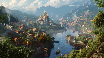 Majestic fantasy city nestled on rolling hills command