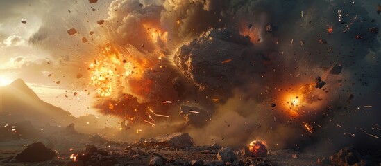A huge explosion of rocks and debris fills the sky, creating a chaotic scene of destruction and danger. The flying fragments paint a dramatic picture of devastation.