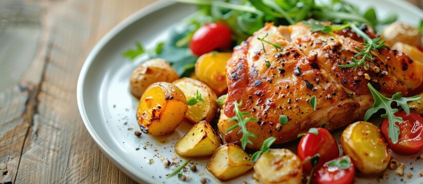 A white plate showcasing a delicious meal featuring succulent chicken, seasoned potatoes, and ripe tomatoes.